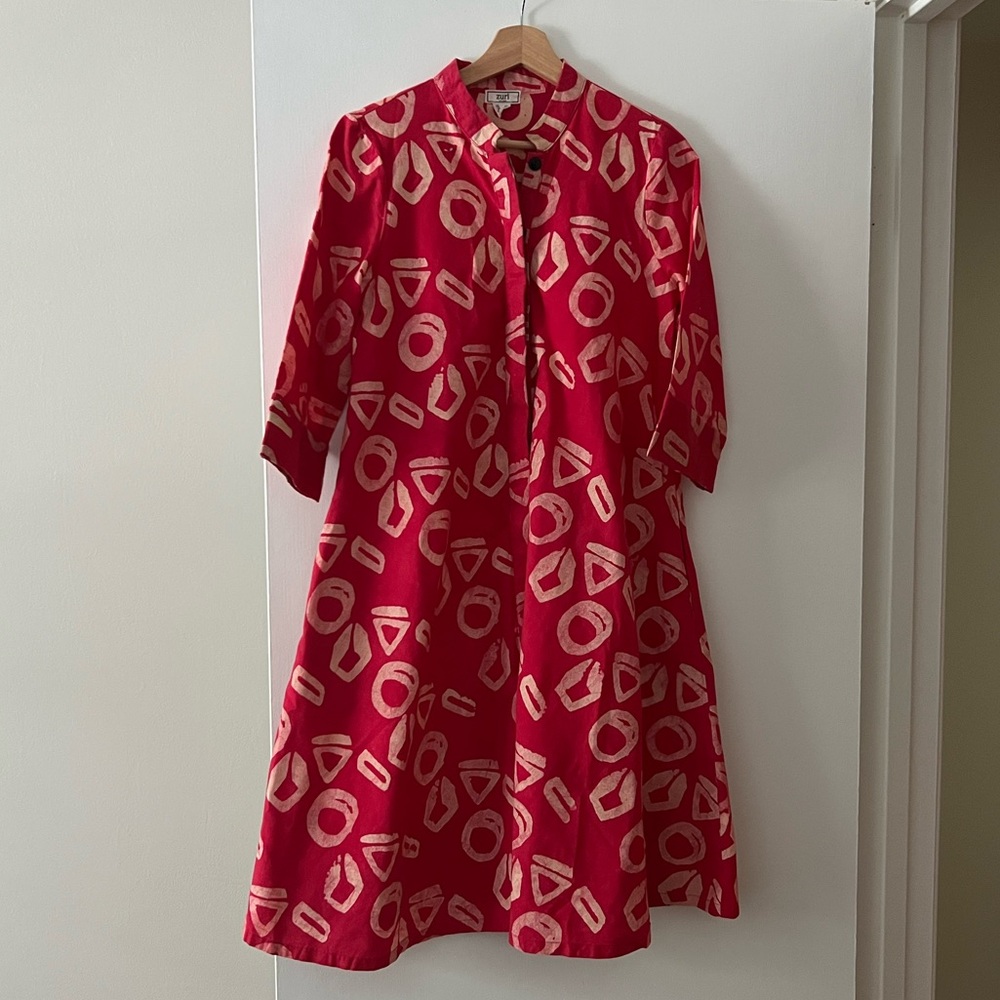Red Patterned Midi Dress - Lightweight Casual
